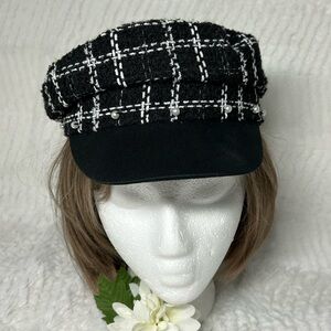 Cato Black and White Plaid Cadet Cap Brim Pearl Accents NWOT